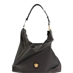 Versace Black 100% Pebbled Leather Large Hobo Shoulder Tote Bag NWT